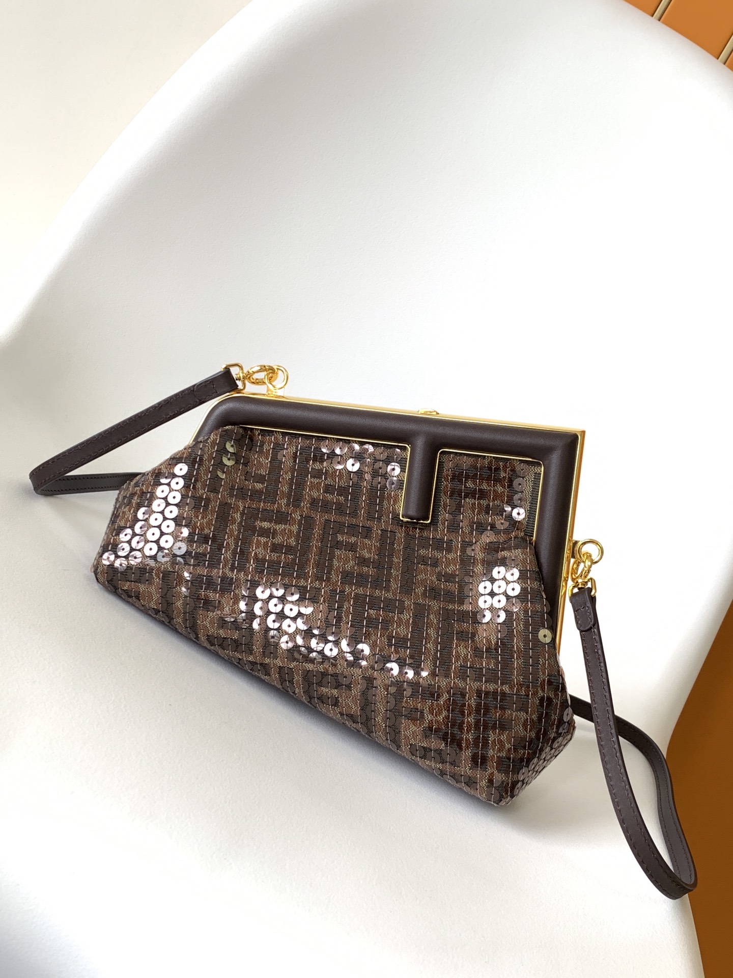 Fendi Small First FF Jacquard Fabric Shoulder Bag Brown